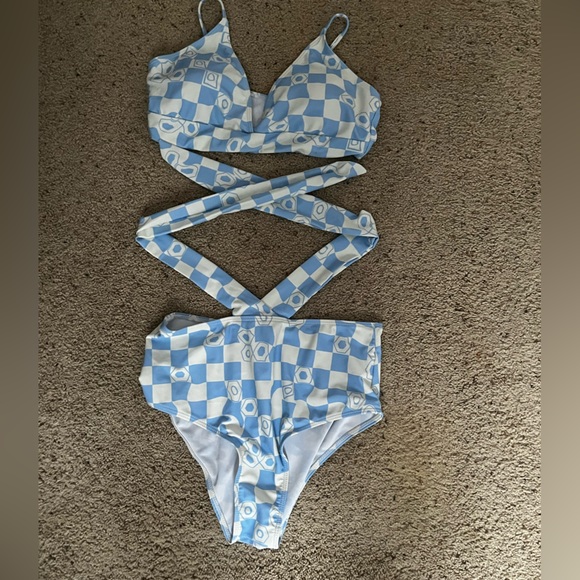 Blue and white checkered pattern woman’s bathing suit size medium - Picture 1 of 2